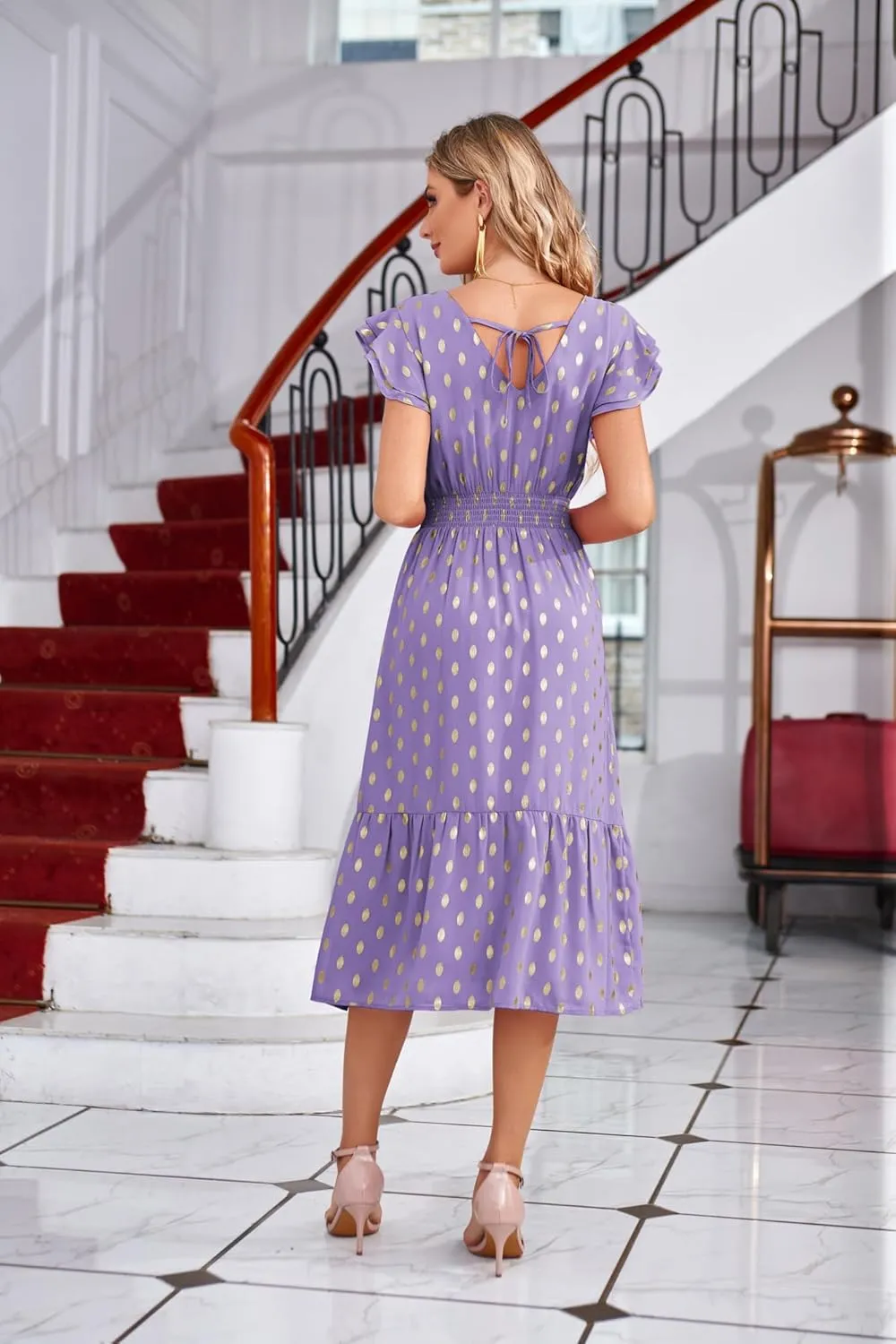 GRACE KARIN Women's V Neck Ruffle Sleeve Summer Dress 2025 Split Flowy Tiered Midi Dress Wedding Guest Cocktail Dresses