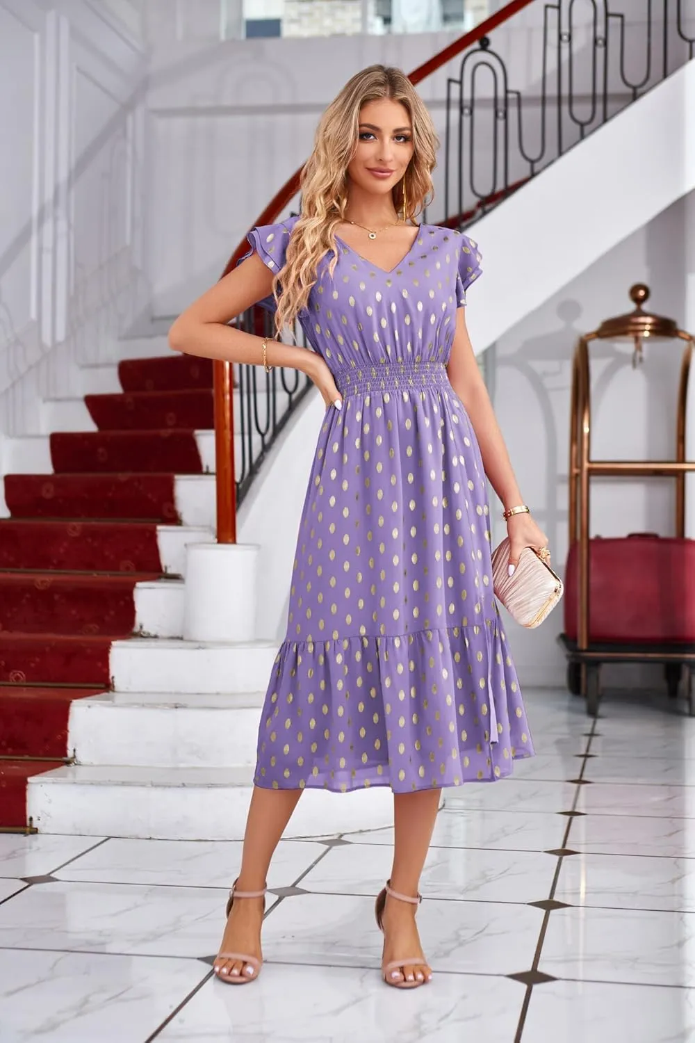 GRACE KARIN Women's V Neck Ruffle Sleeve Summer Dress 2025 Split Flowy Tiered Midi Dress Wedding Guest Cocktail Dresses