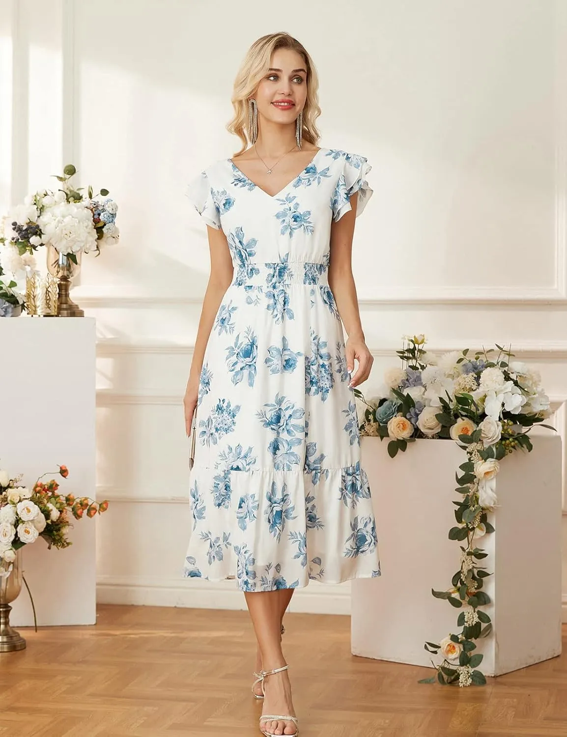 GRACE KARIN Women's V Neck Ruffle Sleeve Summer Dress 2025 Split Flowy Tiered Midi Dress Wedding Guest Cocktail Dresses