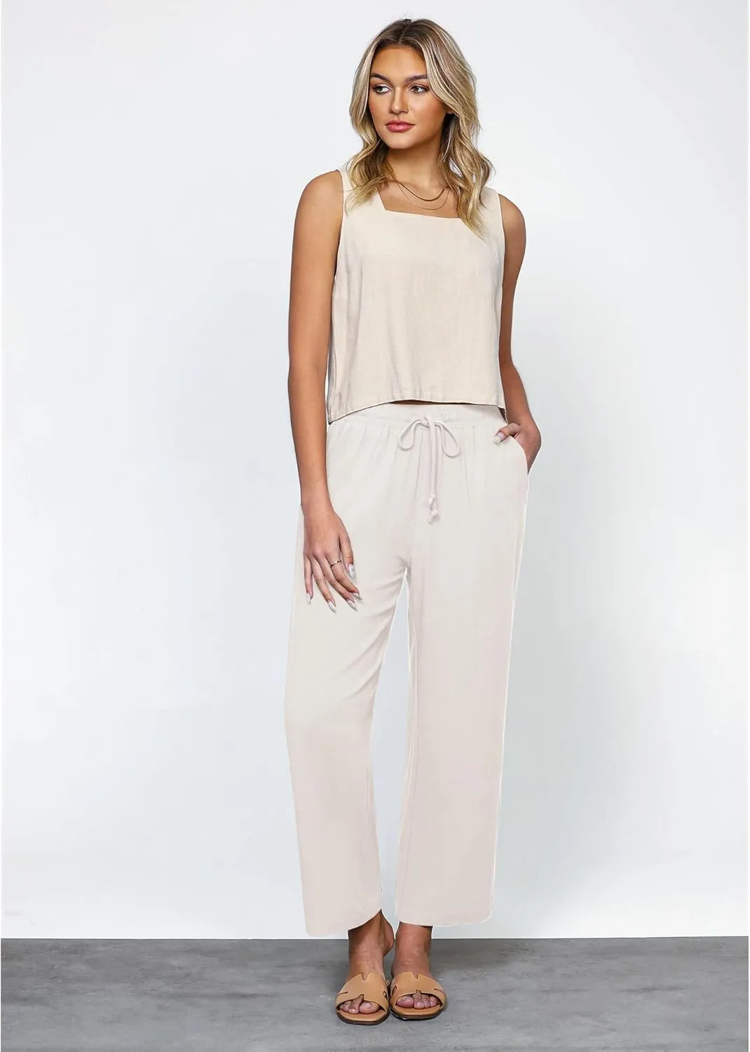 GRAPENT Linen Pants for Women High Waisted Wide Leg Capri Elastic Waist Casual Beach Flowy Cropped Summer Capris Pants