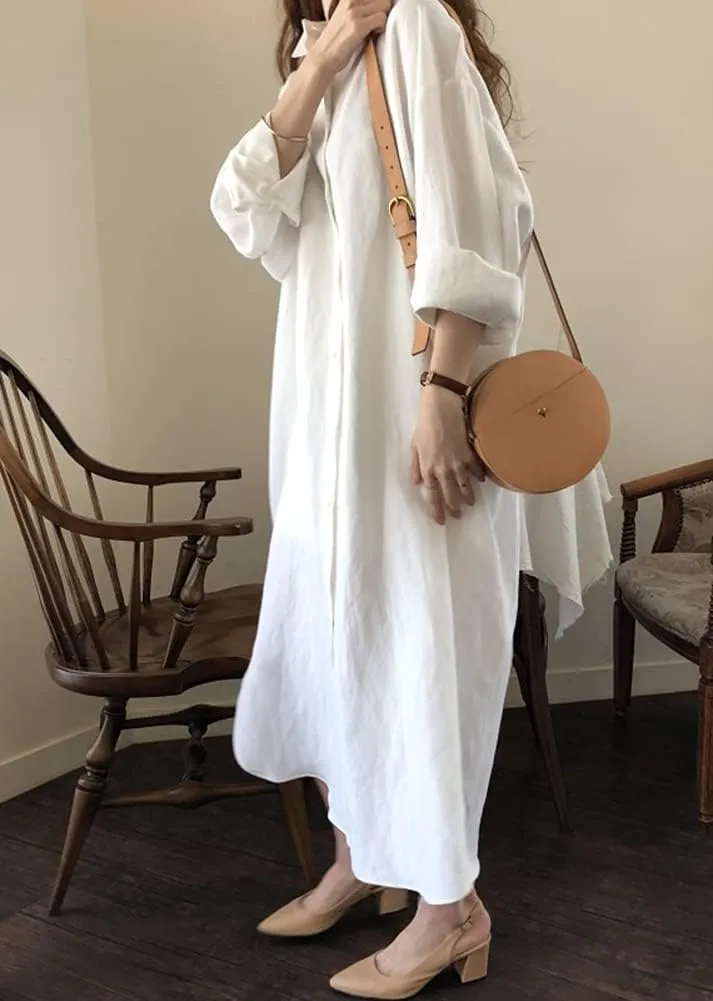 Hotmiss Womens Chic Button Down Rolled-Up Sleeve Long Cotton Blouse Shirt Dress Side Slit Maxi Dresses