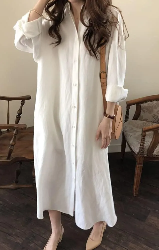 Hotmiss Womens Chic Button Down Rolled-Up Sleeve Long Cotton Blouse Shirt Dress Side Slit Maxi Dresses