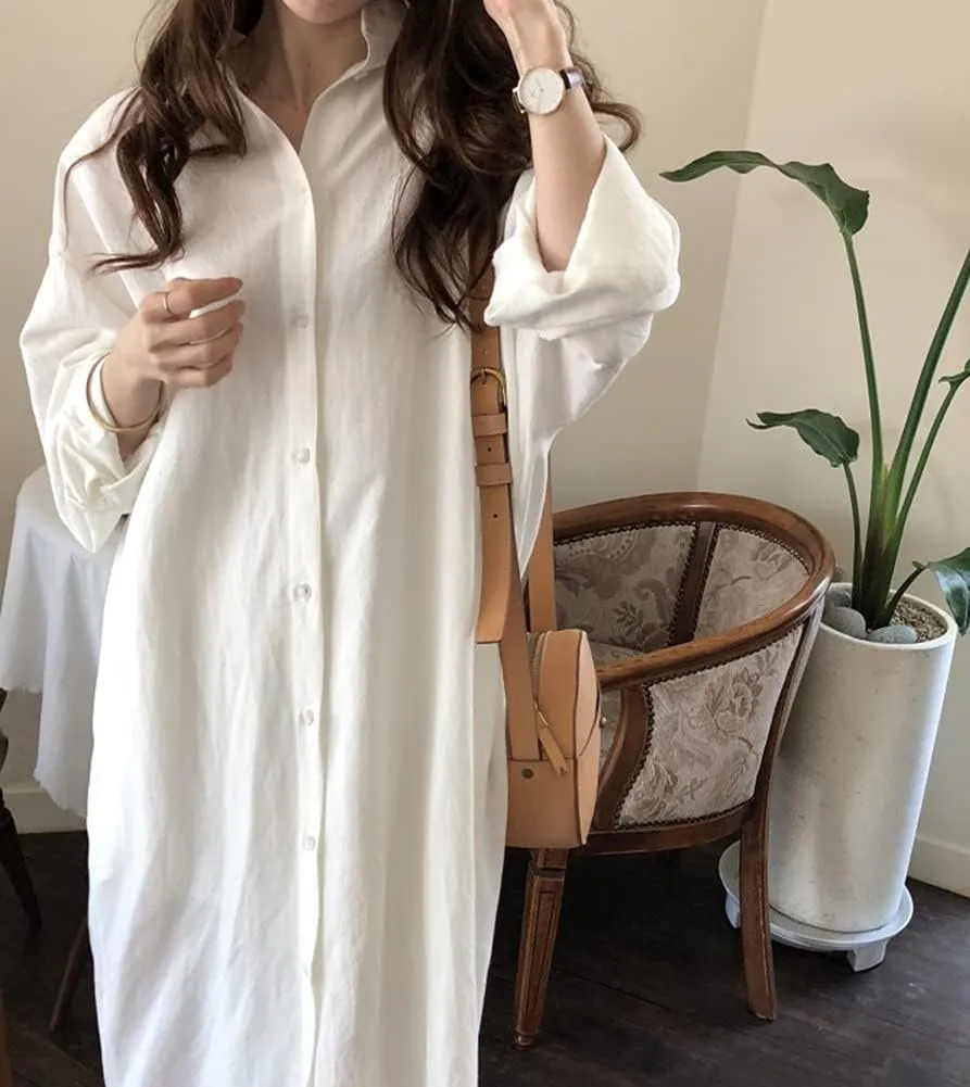 Hotmiss Womens Chic Button Down Rolled-Up Sleeve Long Cotton Blouse Shirt Dress Side Slit Maxi Dresses