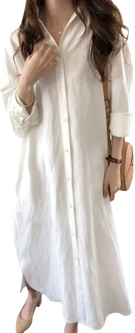 Hotmiss Womens Chic Button Down Rolled-Up Sleeve Long Cotton Blouse Shirt Dress Side Slit Maxi Dresses