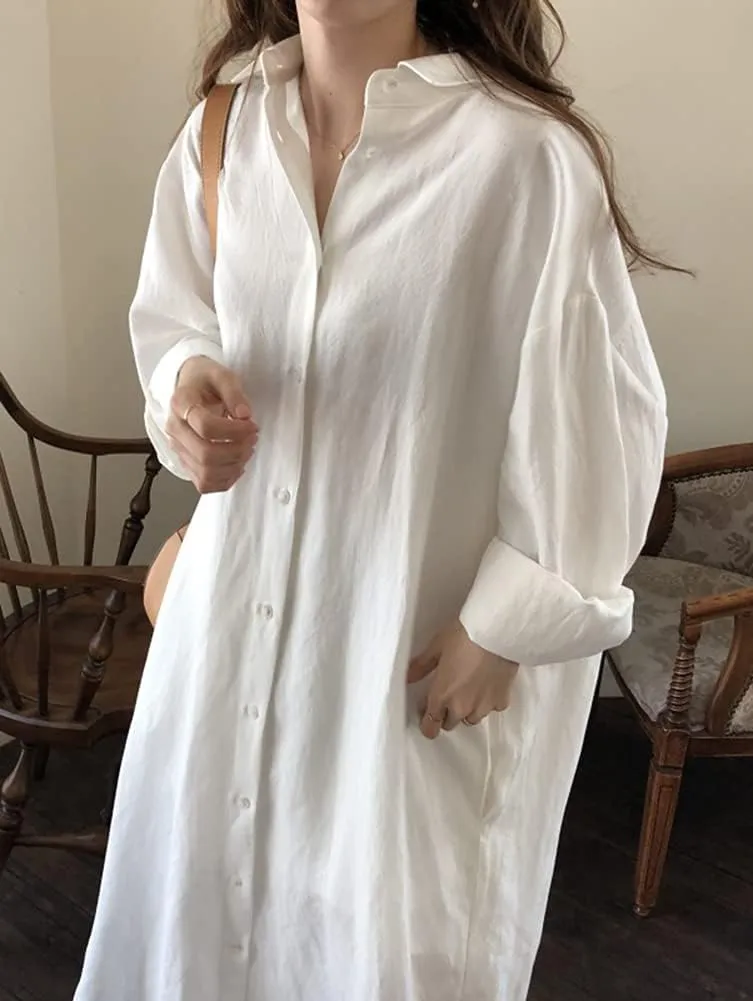 Hotmiss Womens Chic Button Down Rolled-Up Sleeve Long Cotton Blouse Shirt Dress Side Slit Maxi Dresses