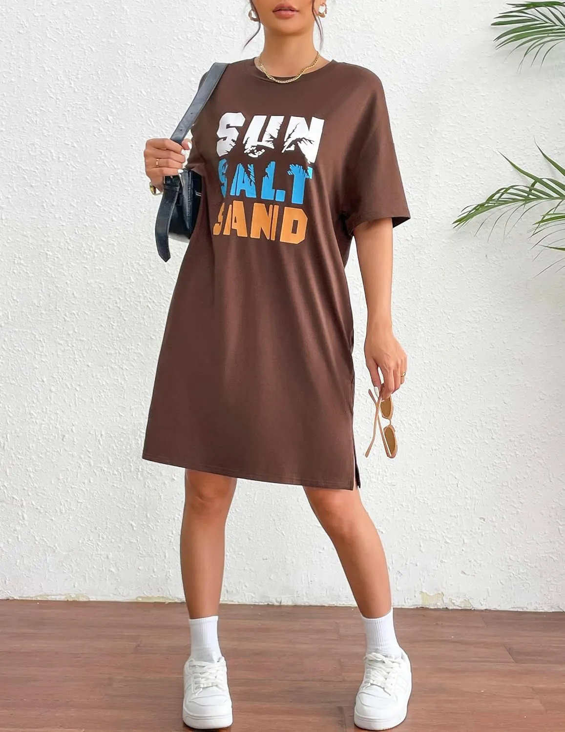 HOTOUCH Women's T Shirt Casual Dress Oversized Graphic Print Short Sleeve O Neck Beach Dress with Pockets Nightgown