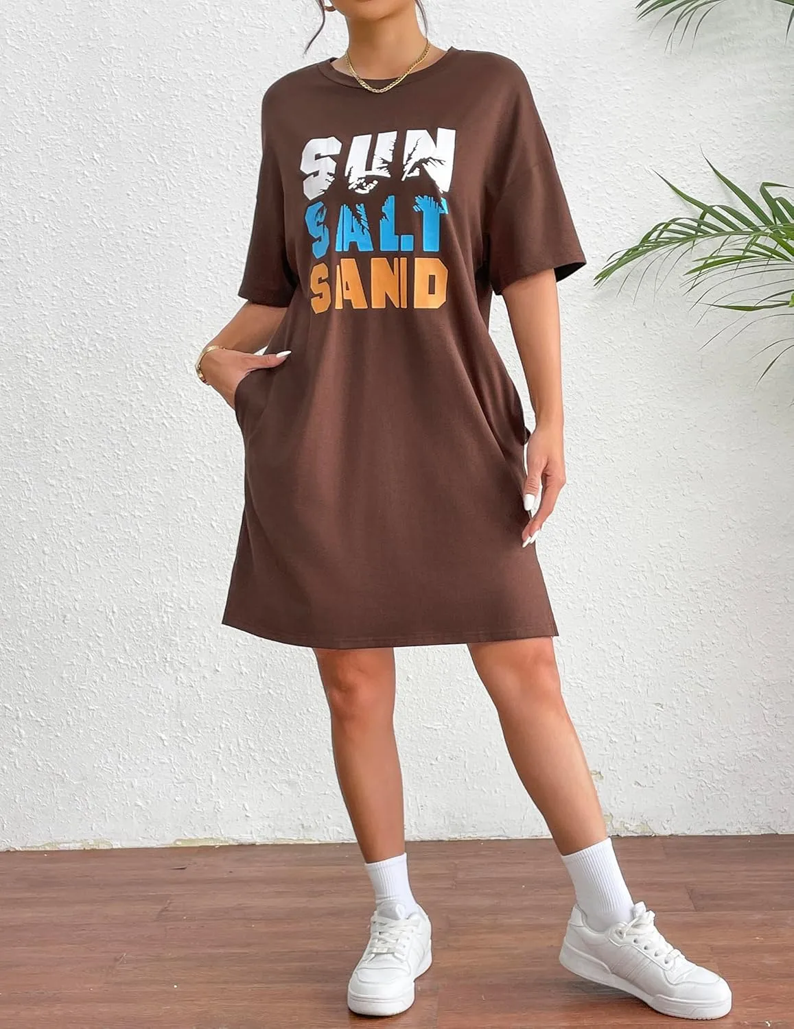 HOTOUCH Women's T Shirt Casual Dress Oversized Graphic Print Short Sleeve O Neck Beach Dress with Pockets Nightgown