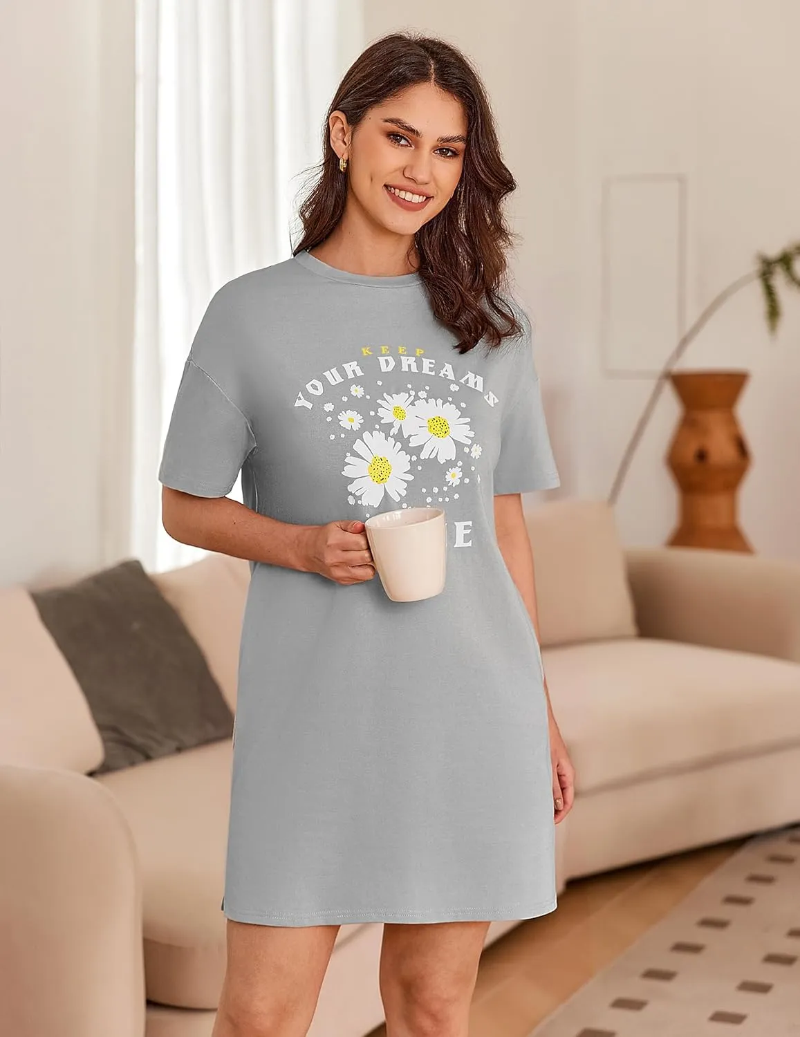 HOTOUCH Women's T Shirt Casual Dress Oversized Graphic Print Short Sleeve O Neck Beach Dress with Pockets Nightgown