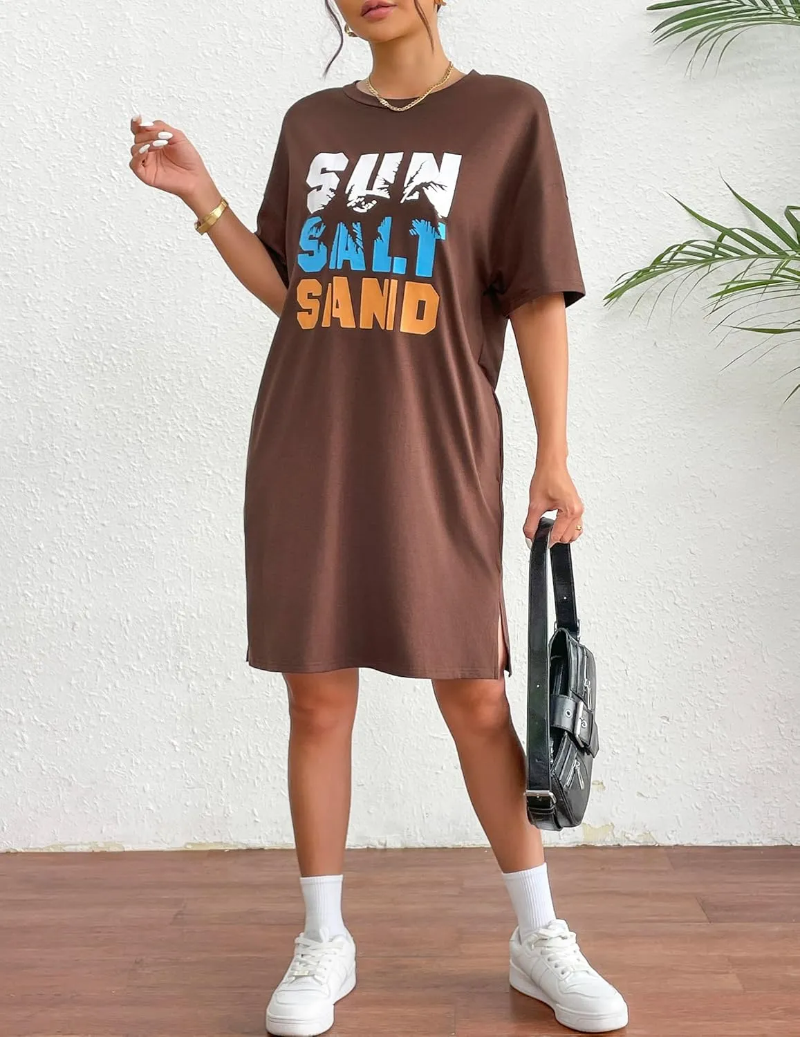 HOTOUCH Women's T Shirt Casual Dress Oversized Graphic Print Short Sleeve O Neck Beach Dress with Pockets Nightgown