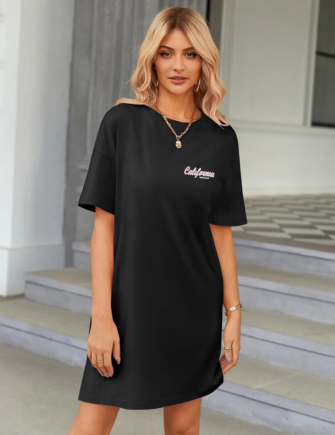 HOTOUCH Women's T Shirt Casual Dress Oversized Graphic Print Short Sleeve O Neck Beach Dress with Pockets Nightgown