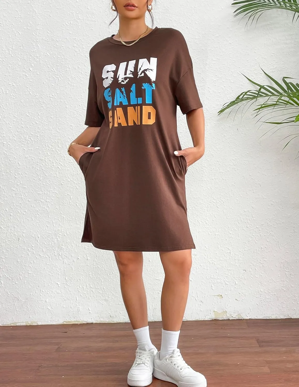 HOTOUCH Women's T Shirt Casual Dress Oversized Graphic Print Short Sleeve O Neck Beach Dress with Pockets Nightgown