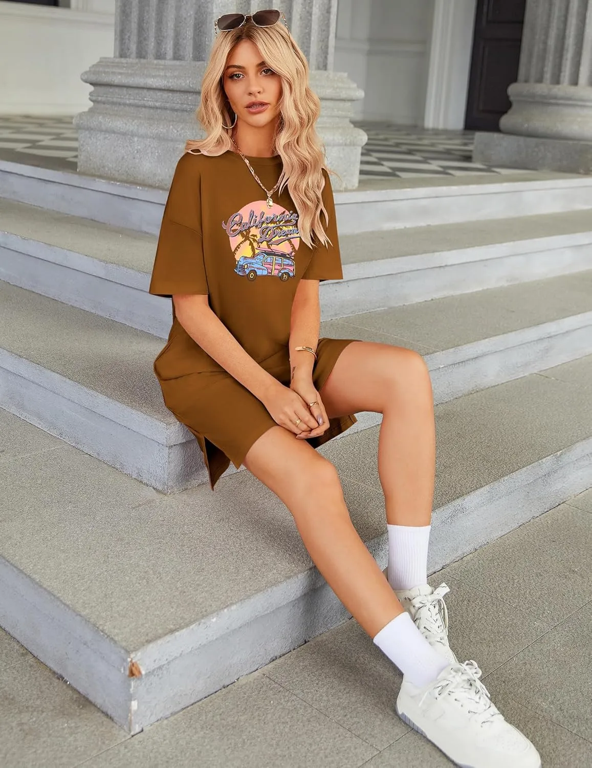 HOTOUCH Women's T Shirt Casual Dress Oversized Graphic Print Short Sleeve O Neck Beach Dress with Pockets Nightgown