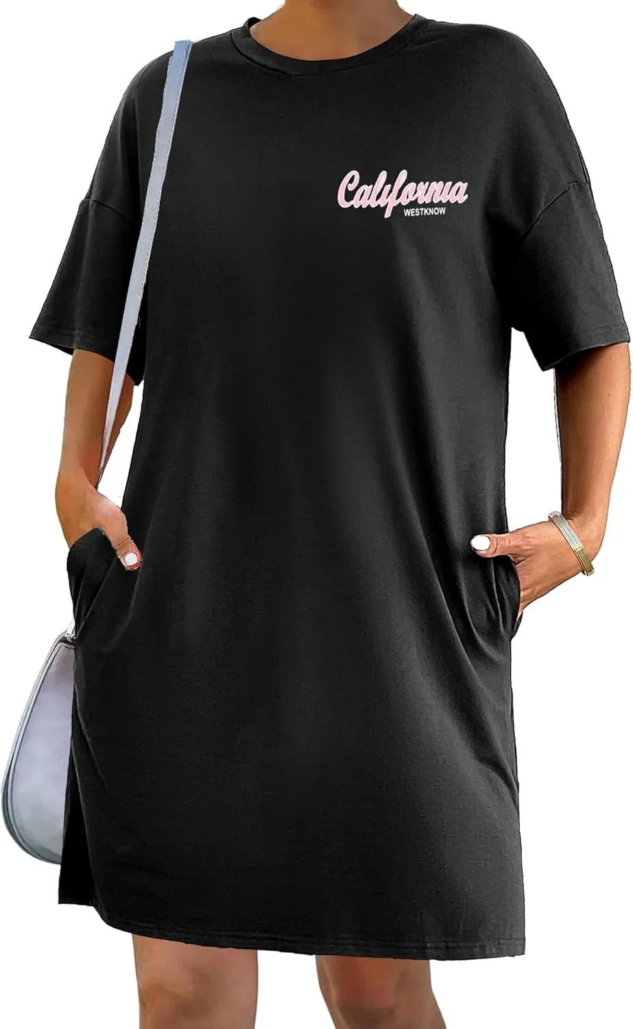HOTOUCH Women's T Shirt Casual Dress Oversized Graphic Print Short Sleeve O Neck Beach Dress with Pockets Nightgown