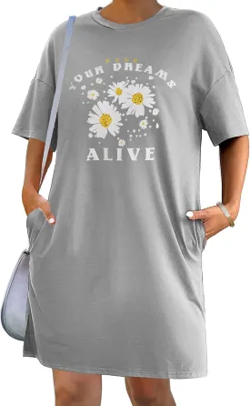 HOTOUCH Women's T Shirt Casual Dress Oversized Graphic Print Short Sleeve O Neck Beach Dress with Pockets Nightgown