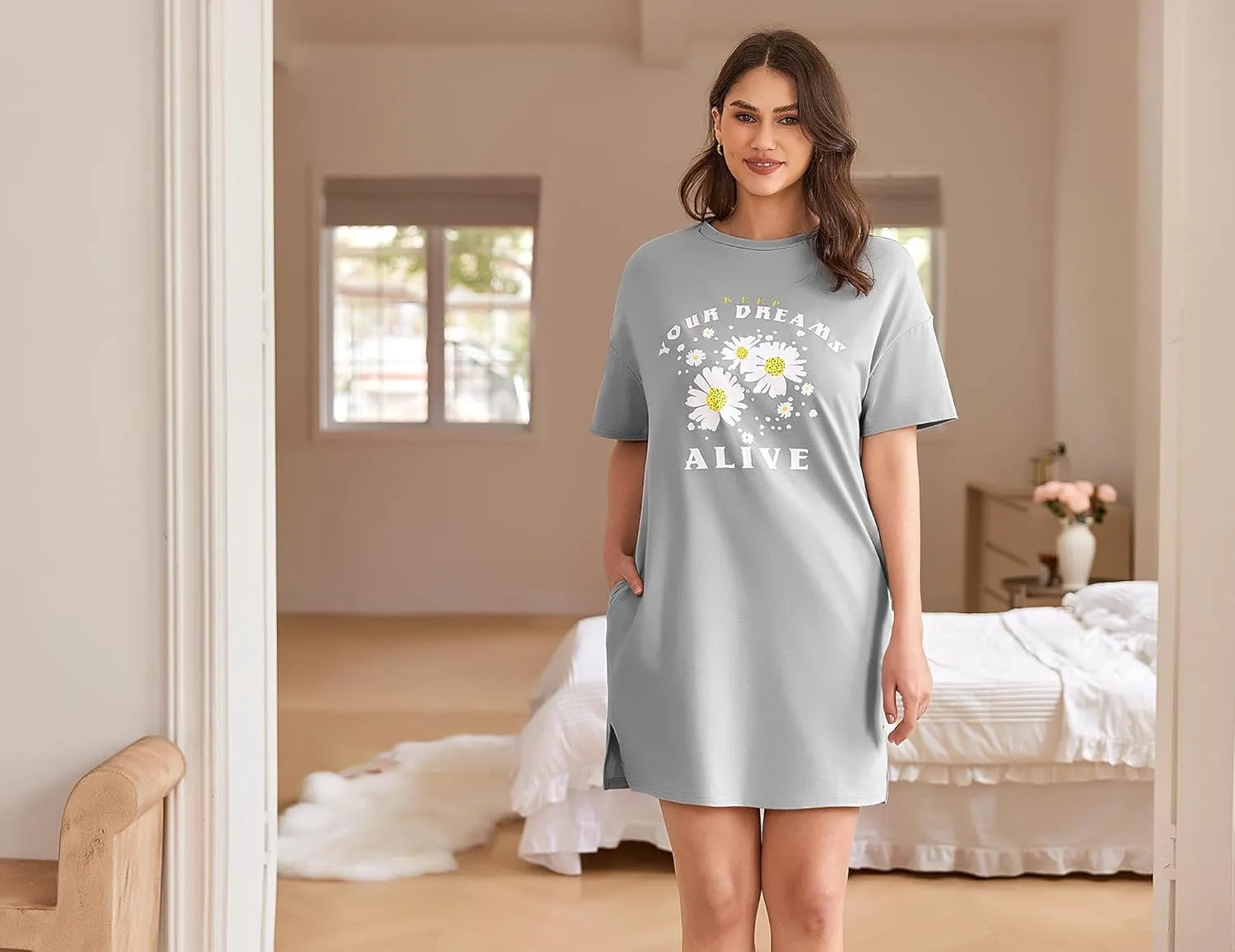 HOTOUCH Women's T Shirt Casual Dress Oversized Graphic Print Short Sleeve O Neck Beach Dress with Pockets Nightgown