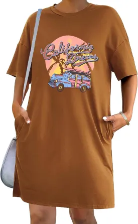HOTOUCH Women's T Shirt Casual Dress Oversized Graphic Print Short Sleeve O Neck Beach Dress with Pockets Nightgown