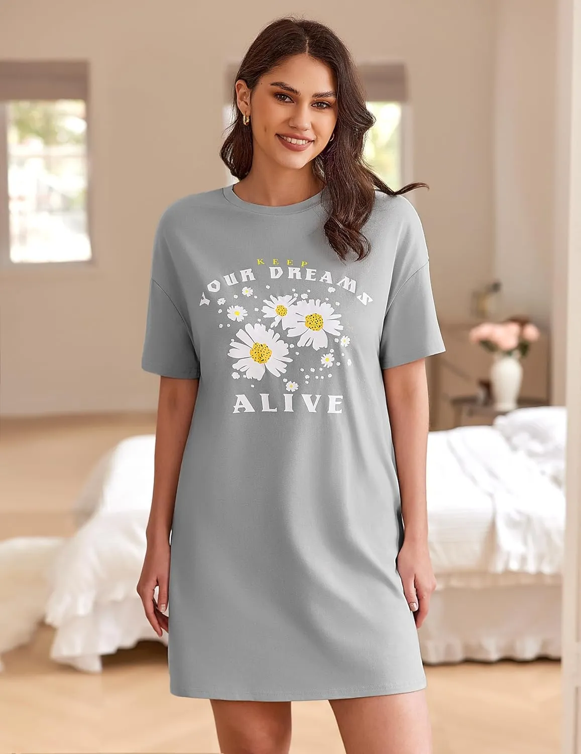 HOTOUCH Women's T Shirt Casual Dress Oversized Graphic Print Short Sleeve O Neck Beach Dress with Pockets Nightgown