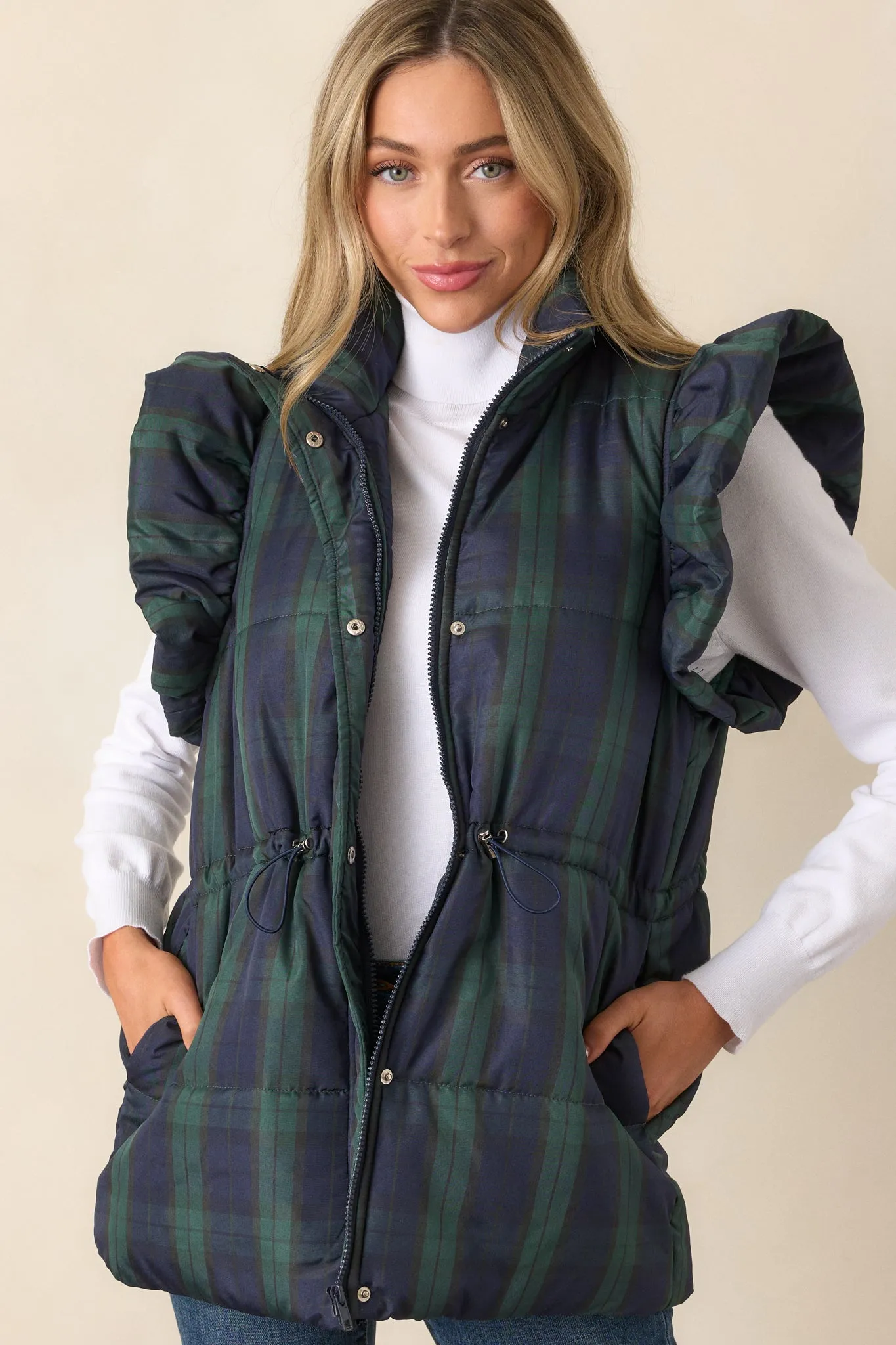 I Found You Navy Plaid Flutter Sleeve Puffer Vest