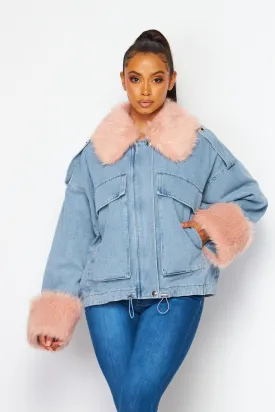 Isabelle Faux Fur Trim Denim Oversized Jacket