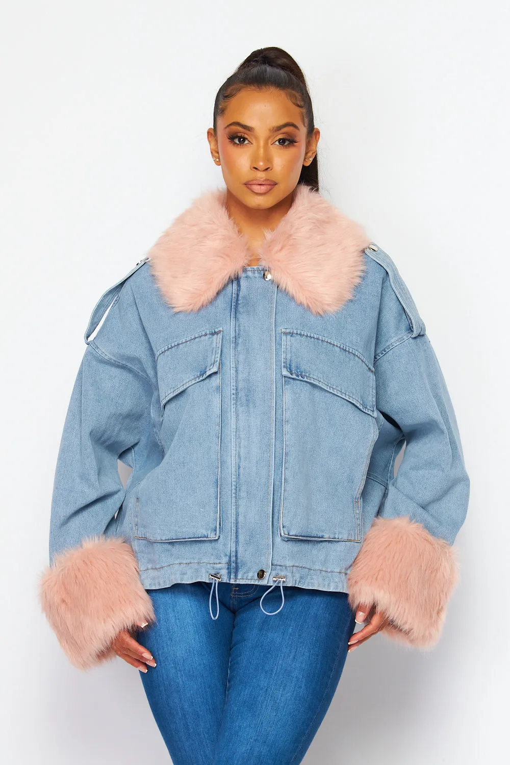 Isabelle Faux Fur Trim Denim Oversized Jacket