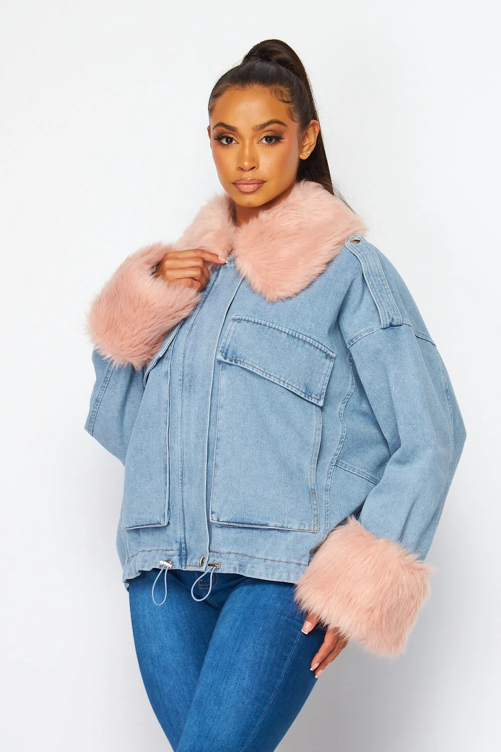 Isabelle Faux Fur Trim Denim Oversized Jacket