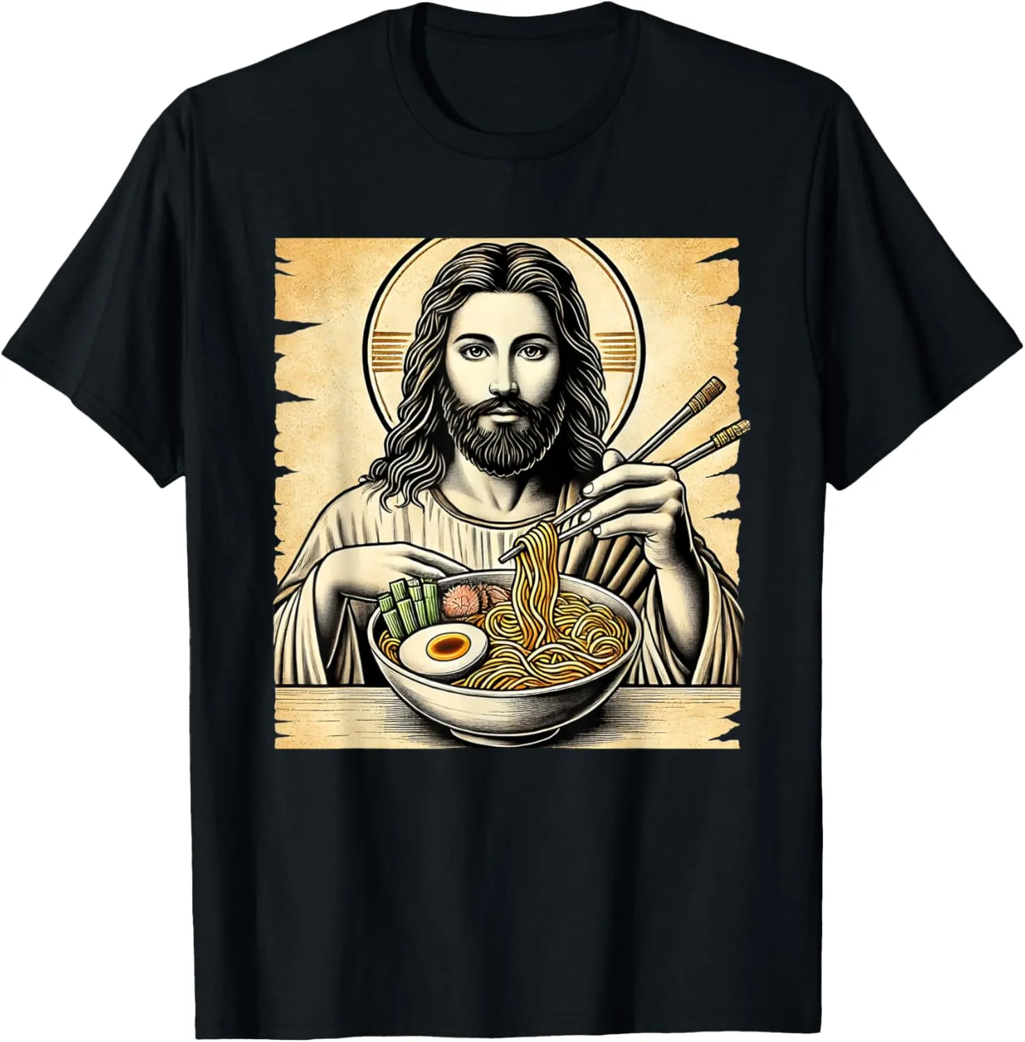 Jesus Eating Ramen Noodles Ocean Waves Japanese Art Retro T-Shirt