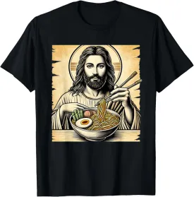 Jesus Eating Ramen Noodles Ocean Waves Japanese Art Retro T-Shirt