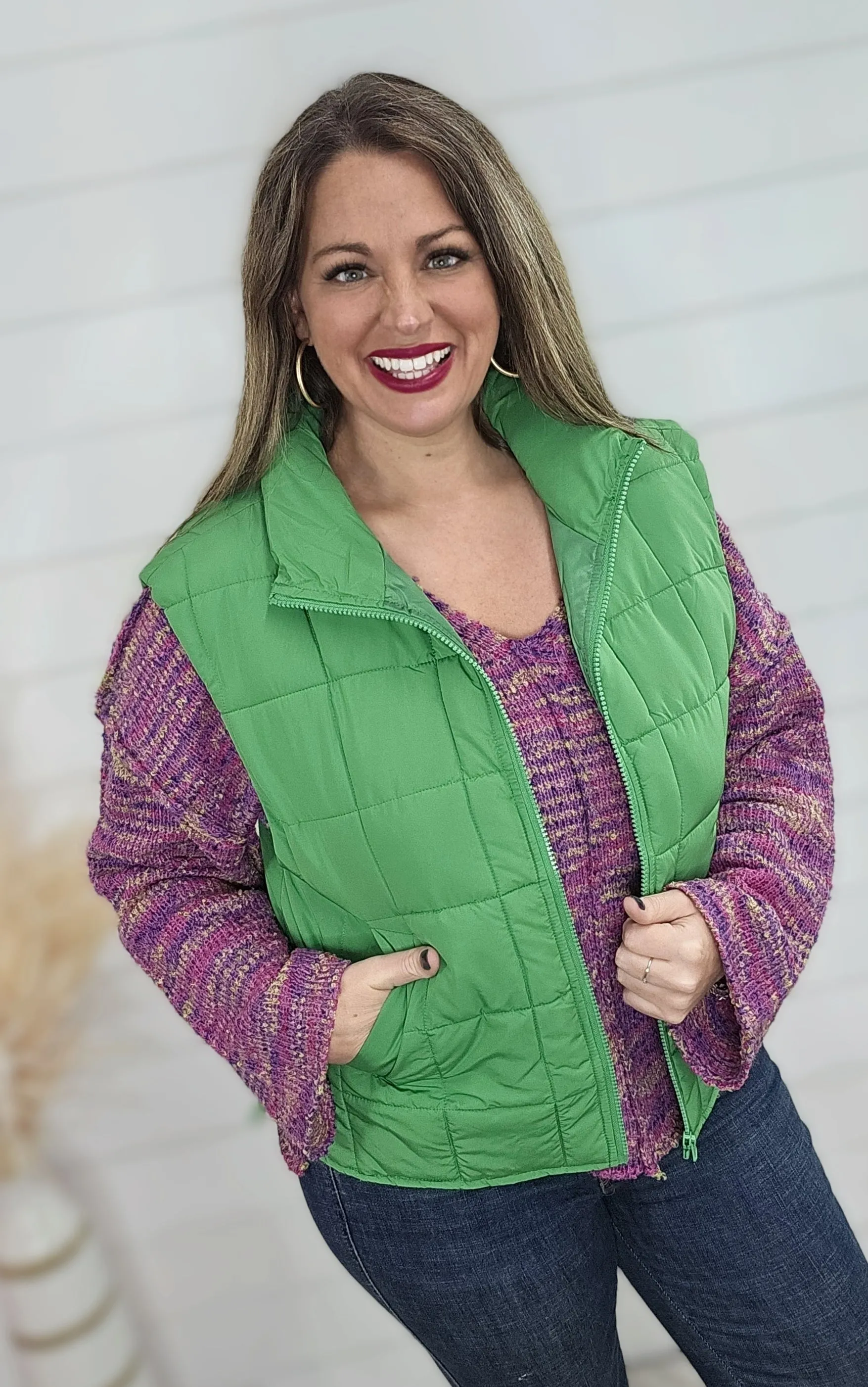 KELLY GREEN PUFFER ZIP VEST