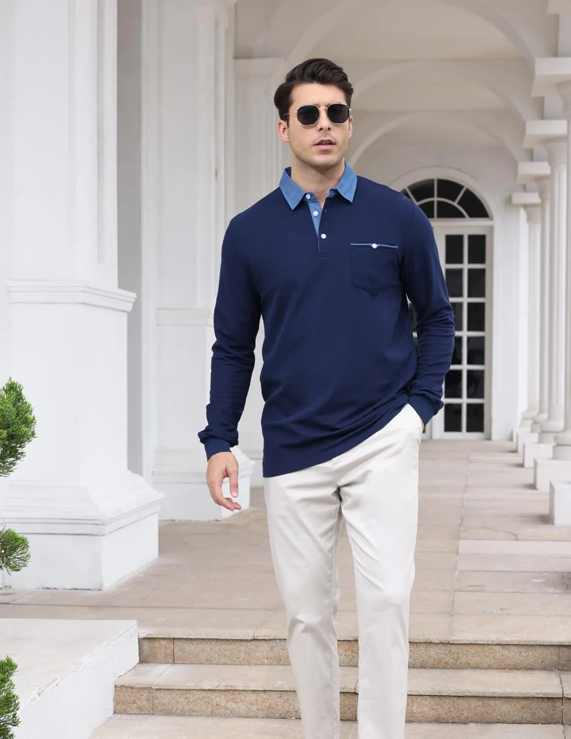 LIUPMWE Men's Shirt Long Sleeve Polo Shirt for Men Basic Slim Fit Long Sleeve Polo Men's Shirts with Pocket Golf Shirts