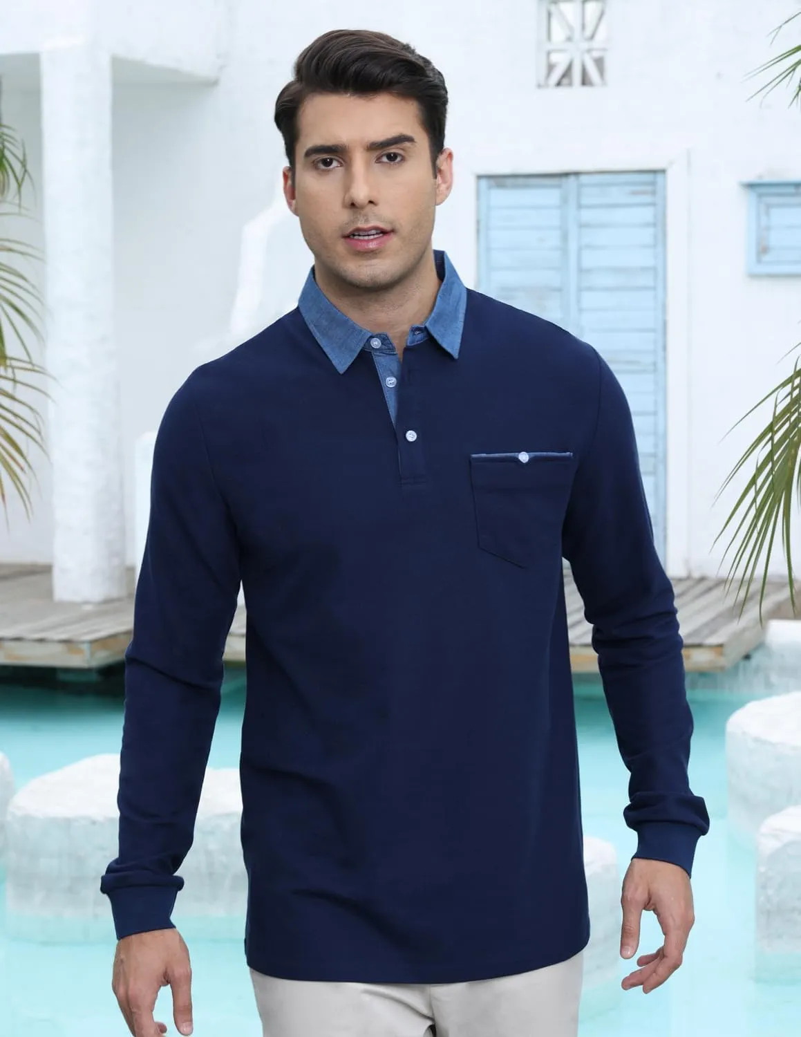 LIUPMWE Men's Shirt Long Sleeve Polo Shirt for Men Basic Slim Fit Long Sleeve Polo Men's Shirts with Pocket Golf Shirts
