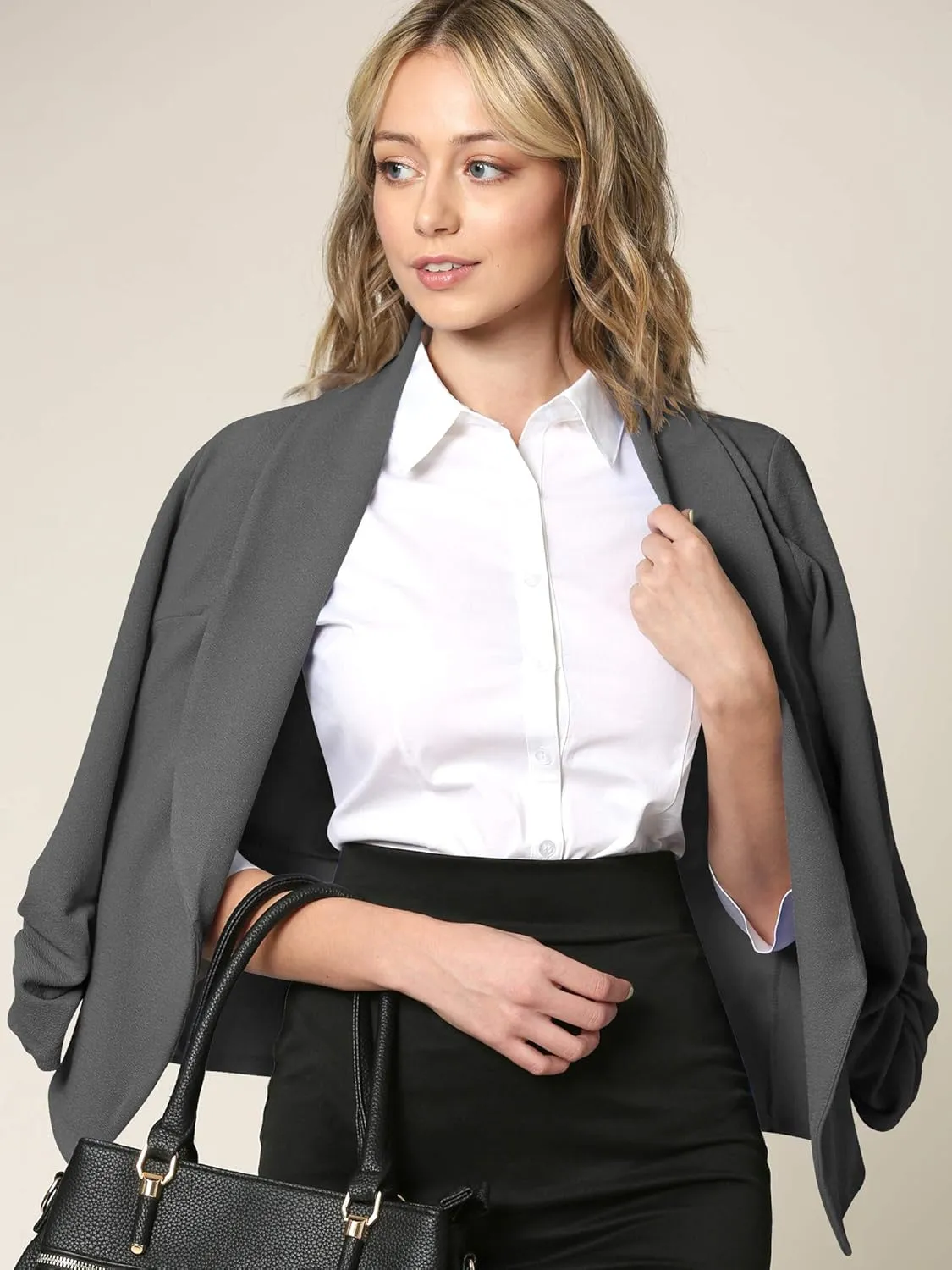 Lock and Love Women 3/4 Sleeve Blazer Open Front Cardigan Jacket Work Office Blazer