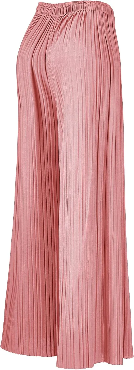 Lock and Love Womens Pleated Wide Leg Palazzo Maxi Pants with Drawstring or Elastic Band