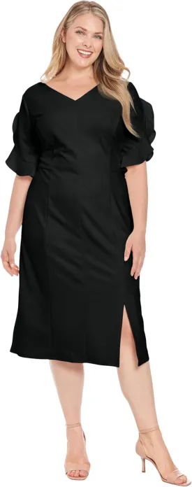 London Times Women's V-Neck Midi Sheath Ruffle Sleeves-Front Slit-Elegant Wedding Guest Cocktail Dress
