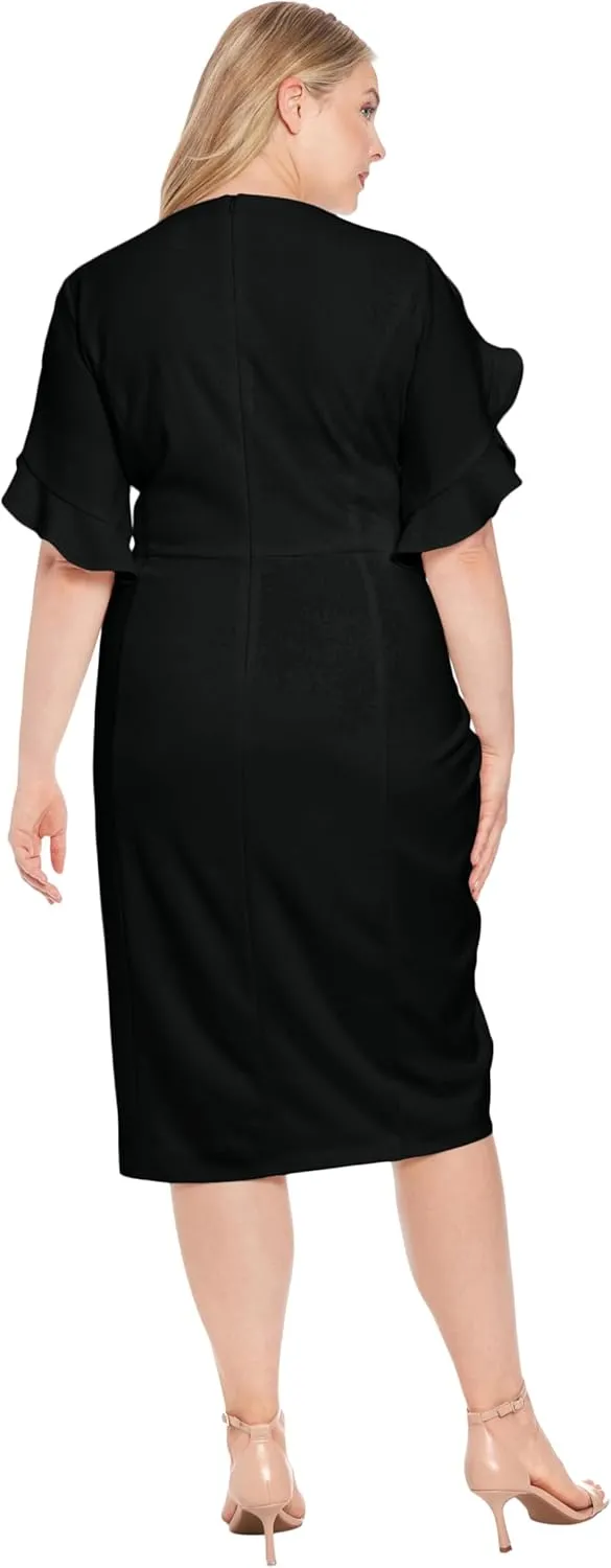 London Times Women's V-Neck Midi Sheath Ruffle Sleeves-Front Slit-Elegant Wedding Guest Cocktail Dress