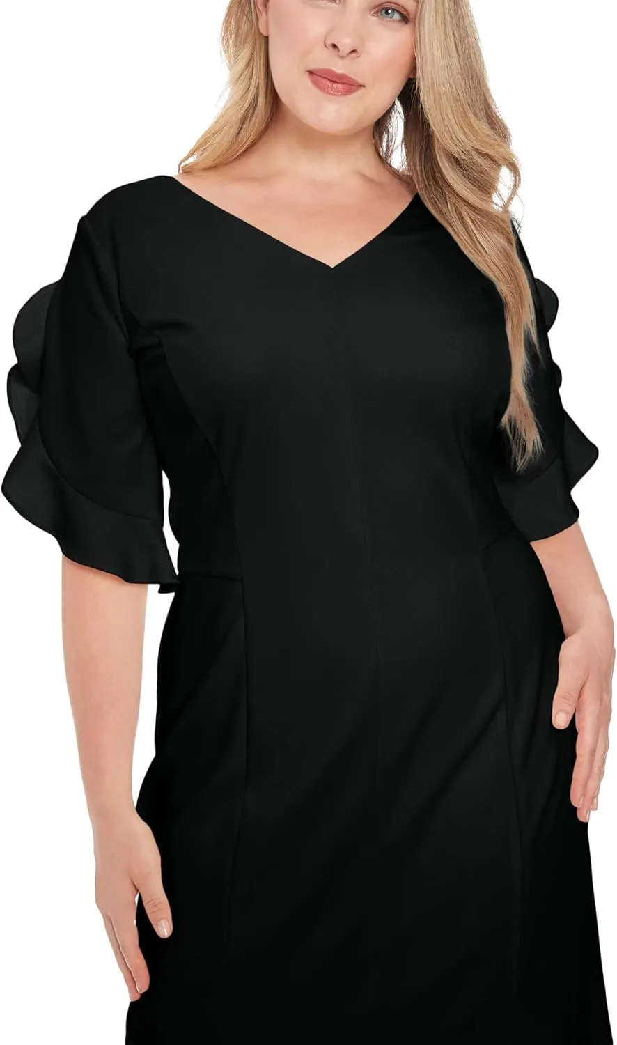 London Times Women's V-Neck Midi Sheath Ruffle Sleeves-Front Slit-Elegant Wedding Guest Cocktail Dress