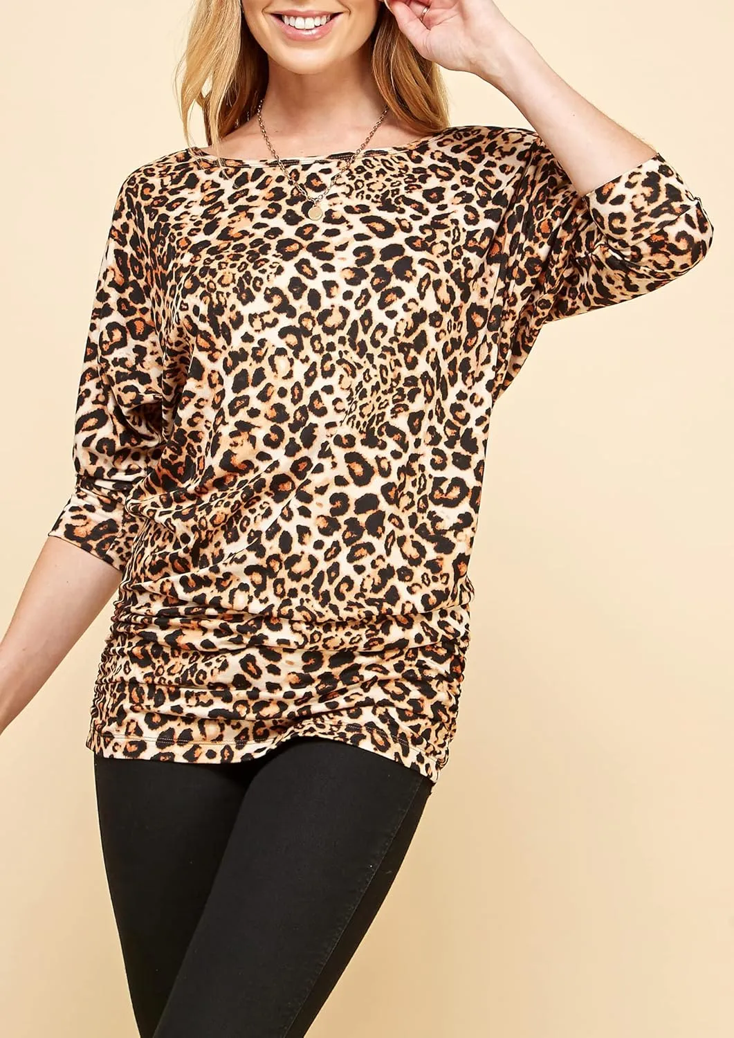 Made By Johnny Women's Casual Boat Neck and V-Neck 3/4 Sleeve Draped Dolman Top with Side Shirring Premium Shirt