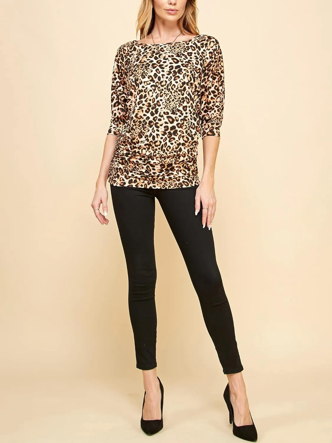 Made By Johnny Women's Casual Boat Neck and V-Neck 3/4 Sleeve Draped Dolman Top with Side Shirring Premium Shirt