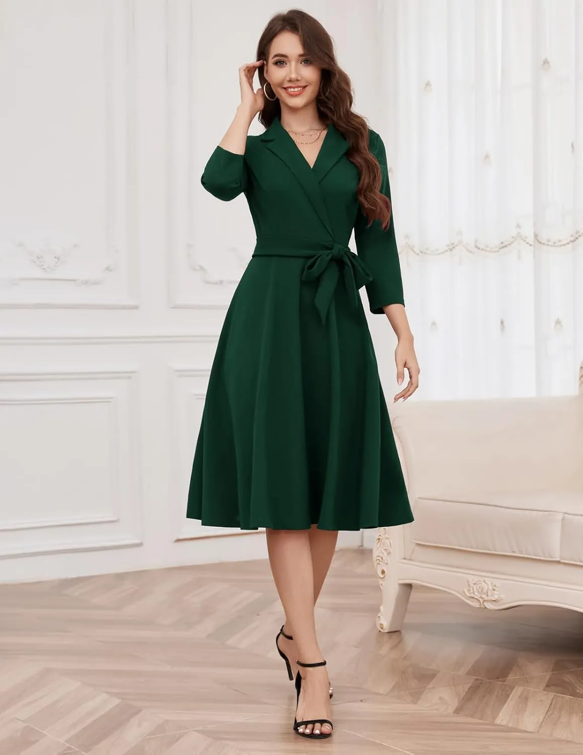 Meetjen Women's V-Neck Formal Dresses 3/4 Sleeve Modest Church Fit and Flare Cocktail Dress for Wedding Guest