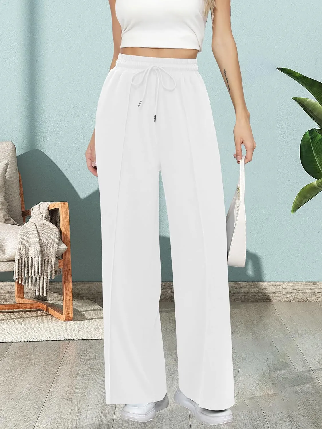 Missufe Women's Elastic High Waist Wide Leg Loose Casual Pants Joggers Workout Lounge Sweatpants with Pockets