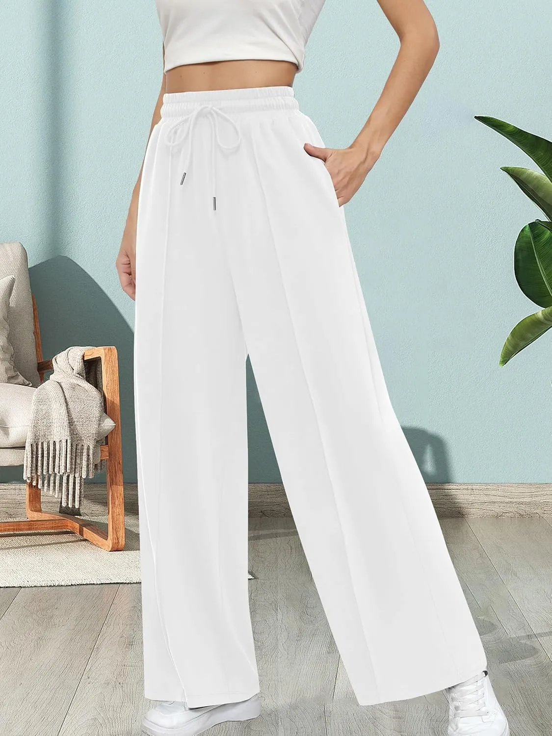 Missufe Women's Elastic High Waist Wide Leg Loose Casual Pants Joggers Workout Lounge Sweatpants with Pockets
