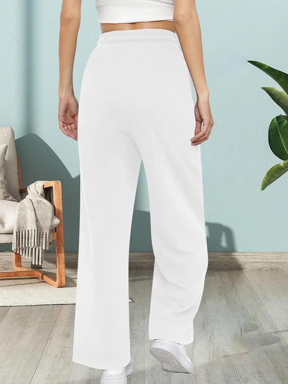 Missufe Women's Elastic High Waist Wide Leg Loose Casual Pants Joggers Workout Lounge Sweatpants with Pockets