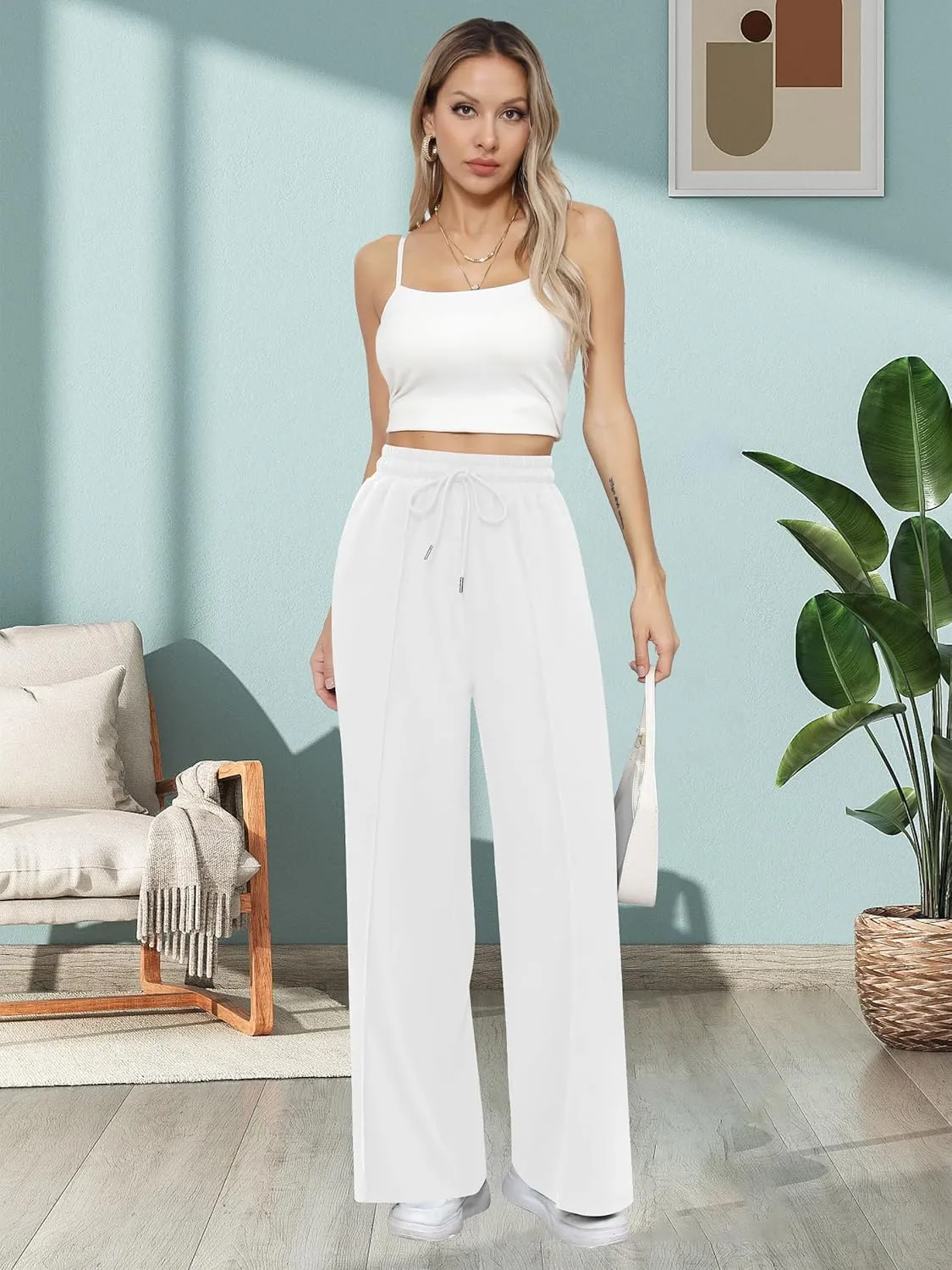 Missufe Women's Elastic High Waist Wide Leg Loose Casual Pants Joggers Workout Lounge Sweatpants with Pockets