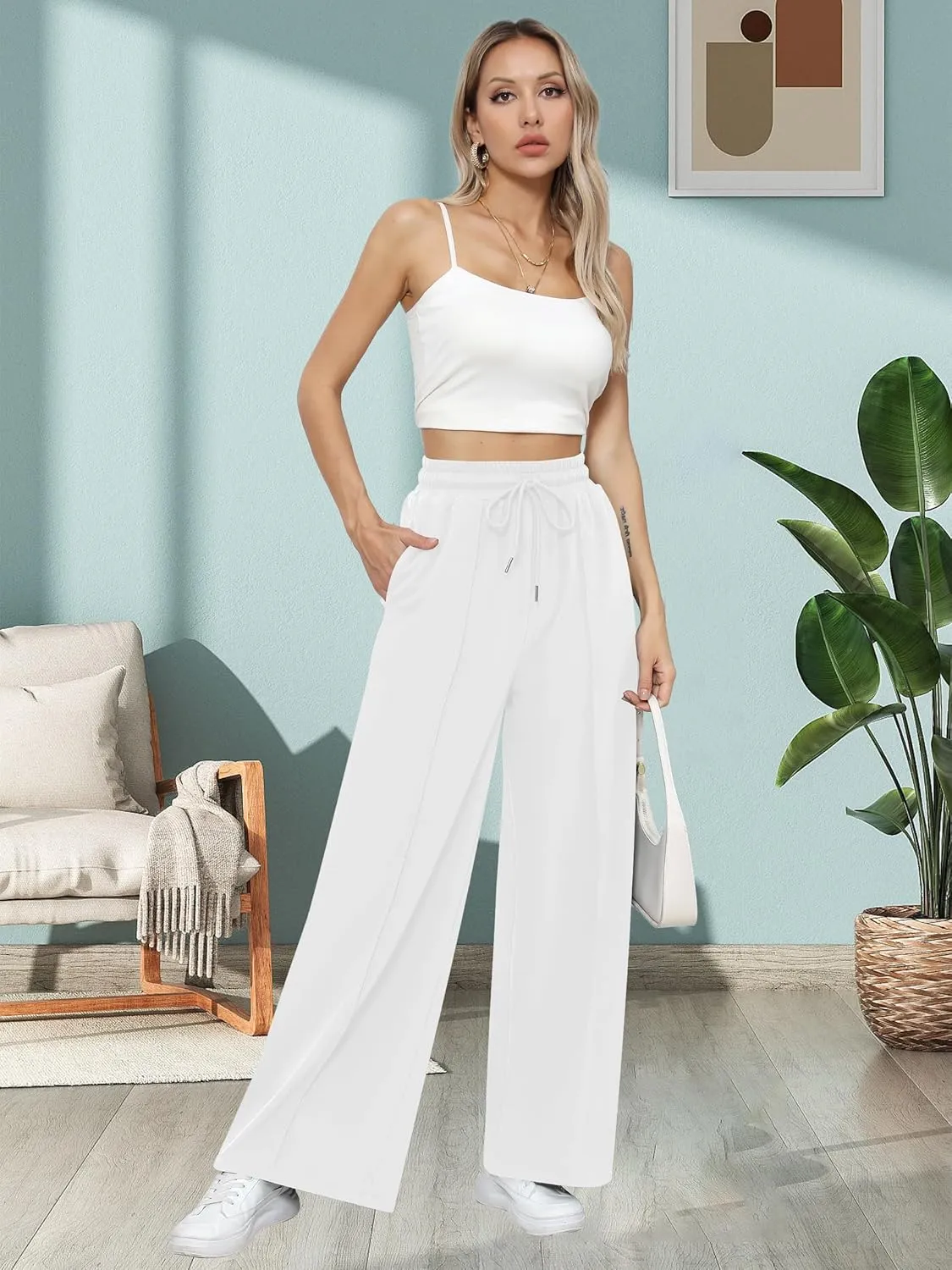 Missufe Women's Elastic High Waist Wide Leg Loose Casual Pants Joggers Workout Lounge Sweatpants with Pockets
