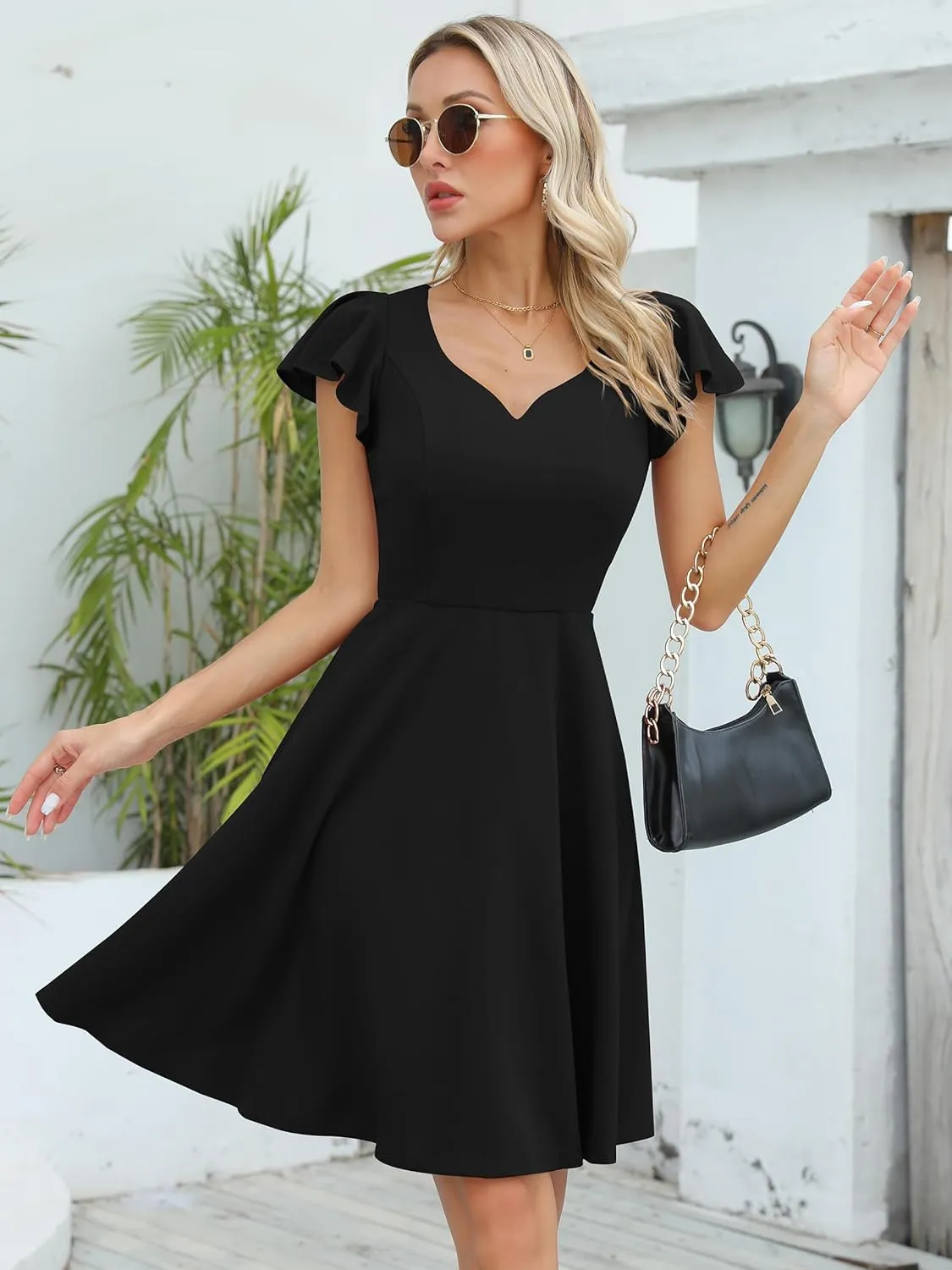Missufe Women's Sweetheart Flutter Sleeve Fit and Flare Party Cocktail Short Dress