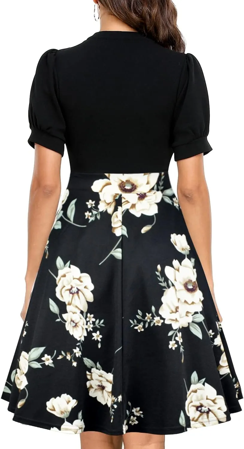 Mokayee Womens Summer Short Puff Sleeve Casual Semi-Formal Fit and Flare Church Wedding Guest Work Dresses with Pockets