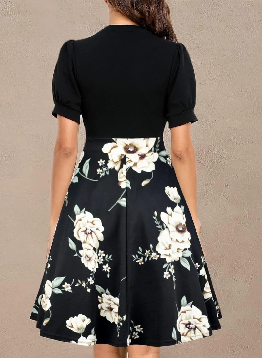 Mokayee Womens Summer Short Puff Sleeve Casual Semi-Formal Fit and Flare Church Wedding Guest Work Dresses with Pockets