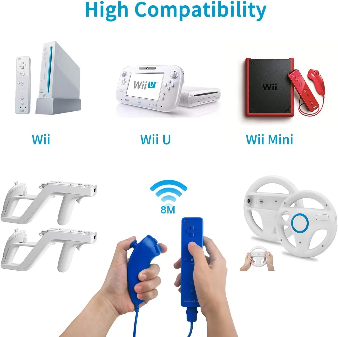 Motion Plus Wii Controllers 2Packs with Nunchucks, Wii Remote Controllers Compatible for wii and Wii U with Built in Motion Plus