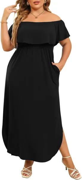 Nemidor Women's Upper Flounce Layer Off Shoulder Plus Size Slit Maxi Dress NEM200