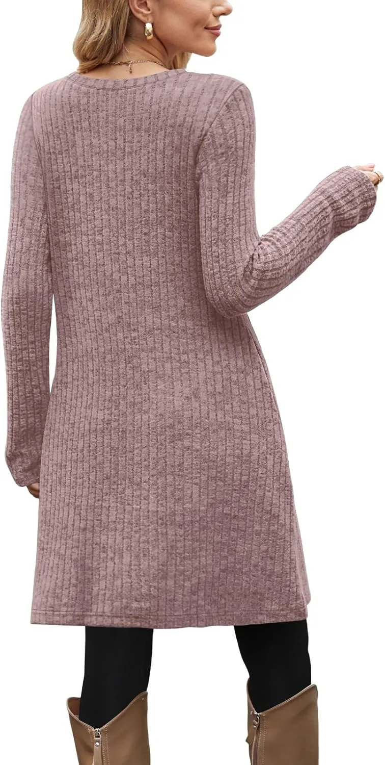 OFEEFAN Fall and Winter Tunic Dress with Pockets Long Sleeve Crew Neck Buttons Side