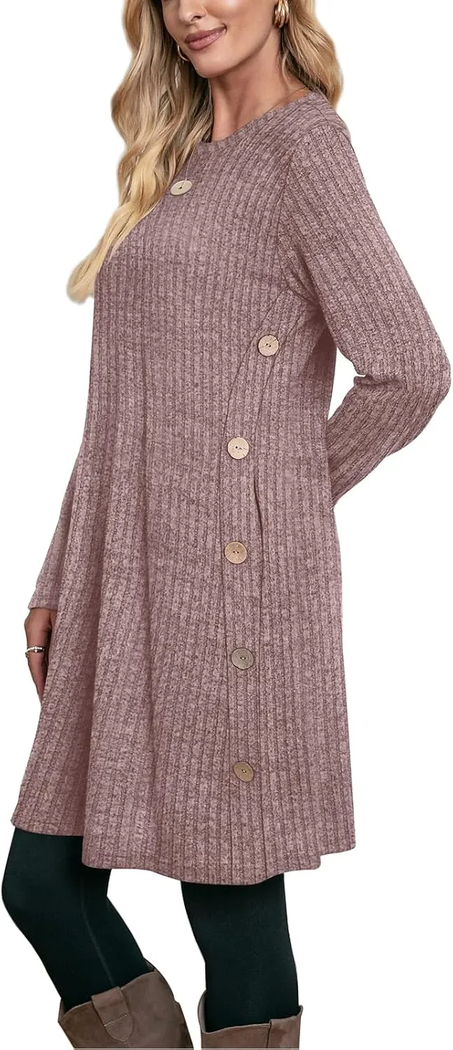 OFEEFAN Fall and Winter Tunic Dress with Pockets Long Sleeve Crew Neck Buttons Side